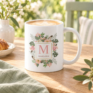 Caneca De Café Monograma Boho Floral Rosa Dourado Rústico