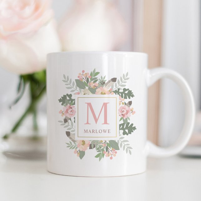 Caneca De Café Monograma Boho Floral Rosa Dourado Rústico (Criador carregado)