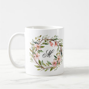 Caneca De Café Monograma Bonito Pau e Flores Selvagens