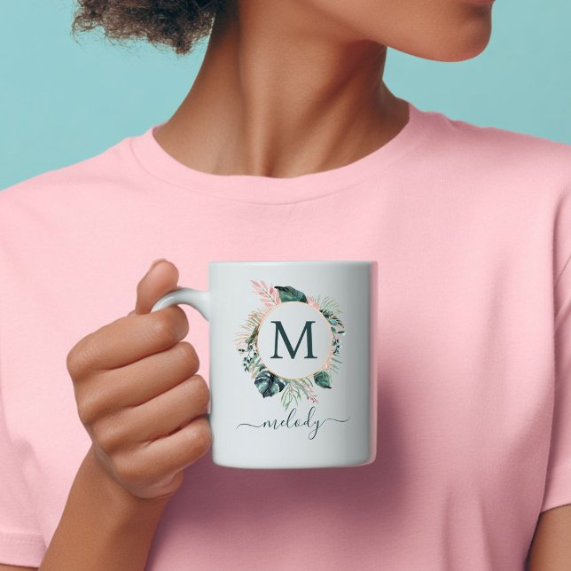 Caneca De Café Monograma Botânico Boho - Verde - Branco (Boho Botanical Monogram - Green - White Coffee Mug
with your Initial and Name)