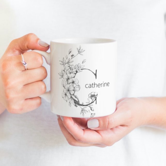 Caneca De Café Monograma Botânico Floral | Elegante de texto pers (Criador carregado)