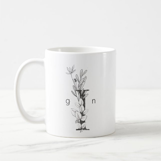 Caneca De Café Monograma Botânico Floral | Elegante de texto pers (Esquerda)