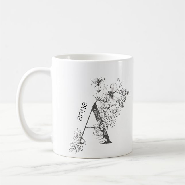 Caneca De Café Monograma Botânico Floral | Elegante de texto pers (Esquerda)