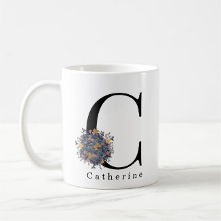 Caneca De Café Monograma Botânico Floral Elegante | Texto persona
