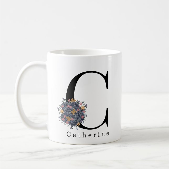 Caneca De Café Monograma Botânico Floral Elegante | Texto persona (Esquerda)