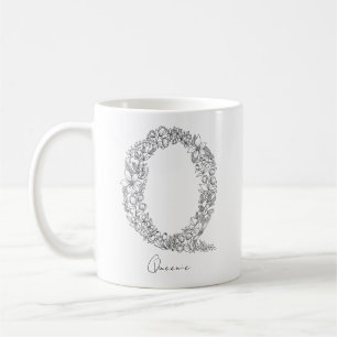Caneca De Café Monograma Botânico Floral Preto - Letra Branca Q
