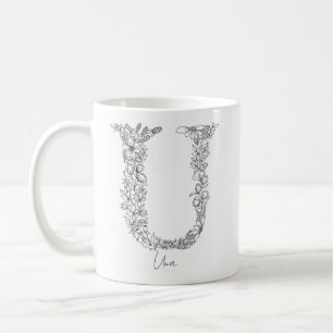 Caneca De Café Monograma Botânico Floral Preto - Letra Branca U