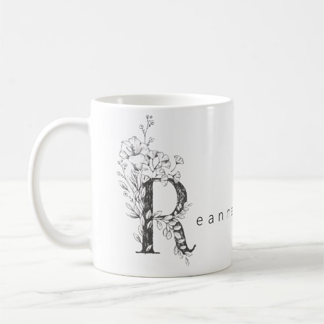 Caneca De Café Monograma Botânico Floral "R" Texto Personalizado  (Esquerda)