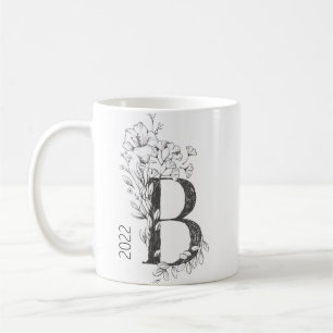Caneca De Café Monograma Botânico Floral Texto Elegante para Co