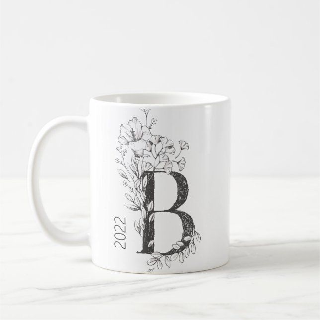 Caneca De Café Monograma Botânico Floral | Texto Elegante para Co (Esquerda)