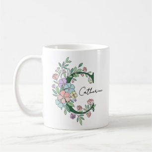 Caneca De Café Monograma Botânico Floral Texto Personalizado El