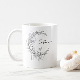 Caneca De Café Monograma Botânico Floral Texto Personalizado El