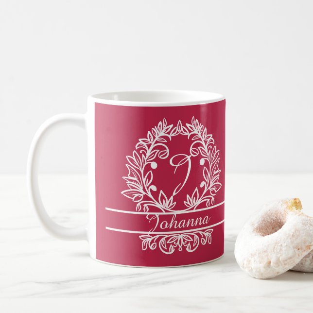 Caneca De Café Monograma Botânico Floral - Texto Personalizado El (Com Donut)