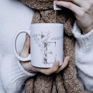 Caneca De Café Monograma Botânico Floral Texto Personalizado El