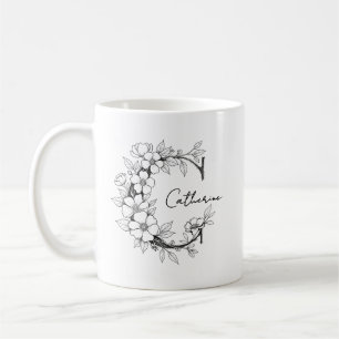 Caneca De Café Monograma Botânico Floral   Texto Personalizado El