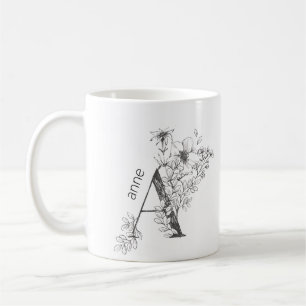 Caneca De Café Monograma Botânico Floral Texto Personalizado El