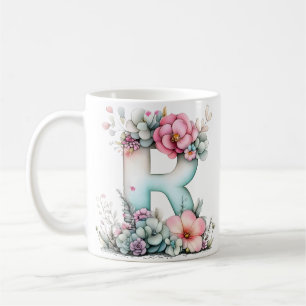 Caneca De Café Monograma Botânico Pastel da Letra R Floral
