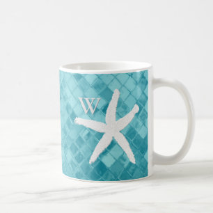 Caneca De Café Monograma branco do vidro do mar do Aqua da