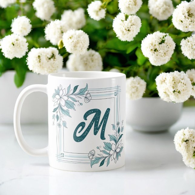 Caneca De Café Monograma Branco e Verde Moderno Mínimo (Criador carregado)