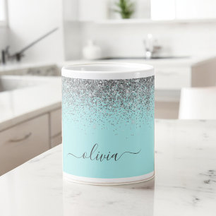 Caneca De Café Monograma Brilhante Feminina em Azul Água Prateado