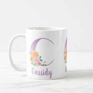 Caneca De Café Monograma C Floral Roxo Aquarela Personalizada