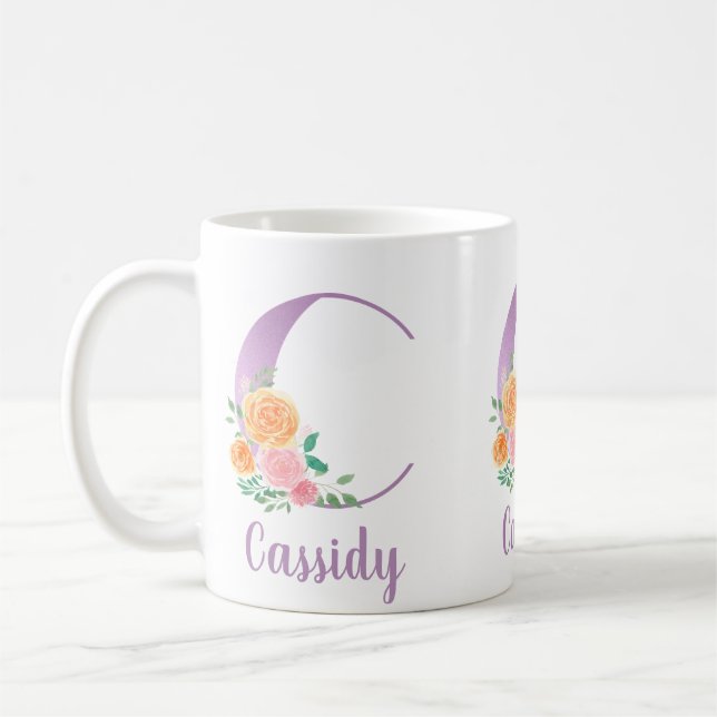 Caneca De Café Monograma C Floral Roxo Aquarela Personalizada (Esquerda)