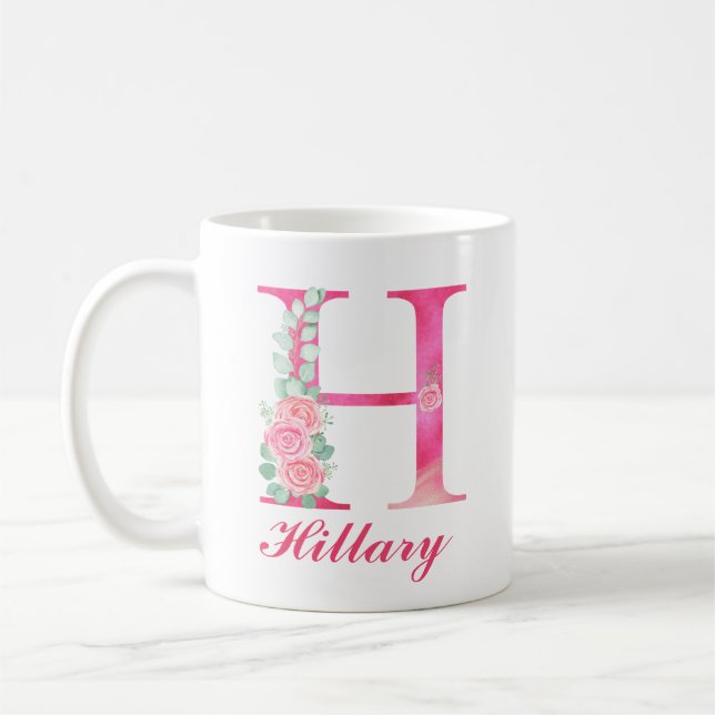Caneca De Café Monograma Café Mug - Inicial H Pink Floral Mug (Esquerda)