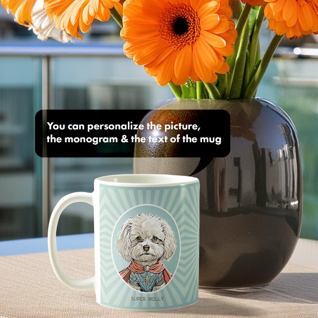 Caneca De Café Monograma Cão Branco Ilustração Super-Herói Mug (Criador carregado)