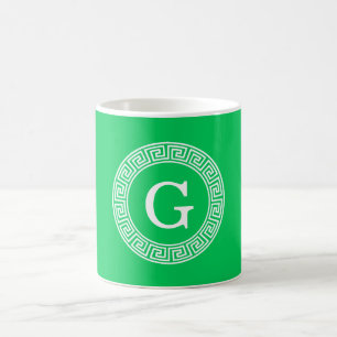 Caneca De Café Monograma chave grego branco esmeralda da inicial