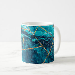 Caneca De Café Monograma Chic de Geodo de Ágata Dourada Azul Nava