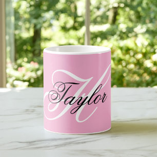 Caneca De Café Monograma Chique Preto e Branco Rosa