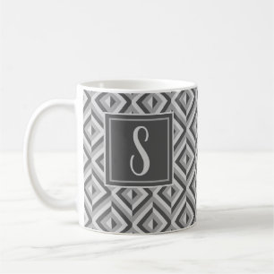 Caneca De Café Monograma Cinza Padrão de Diamante em Três Tons