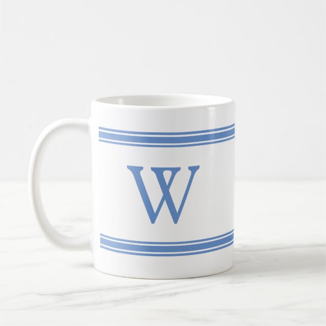 Caneca De Café Monograma Clássico Blue Striped Personalised Mug (Esquerda)
