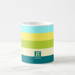 Caneca De Café Monograma colorido fresco e feliz das listras