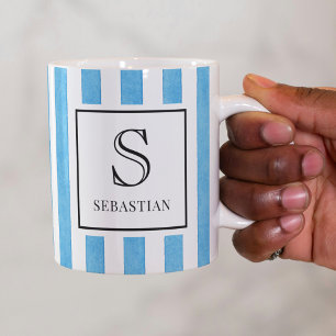 Caneca De Café Monograma com Padrão de Listras de Aquarela Azul e