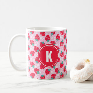 Caneca De Café Monograma com padrão floral de morangos vermelhos