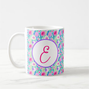 Caneca De Café Monograma com padrão floral em aquarela pastel