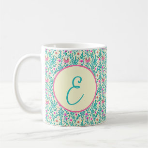 Caneca De Café Monograma com padrão floral em aquarela rosa e azu