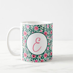 Caneca De Café Monograma com padrão floral em aquarela rosa e ver