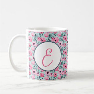 Caneca De Café Monograma com padrão floral rosa e verde em aquare