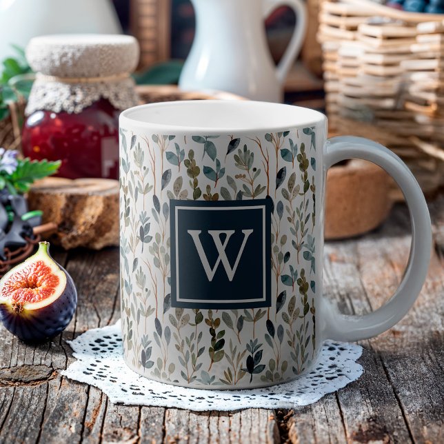 Caneca De Café Monograma Cor de Água Botânica Verde (This mug features a winter-inspired botanical floral with a monogram square navy.)