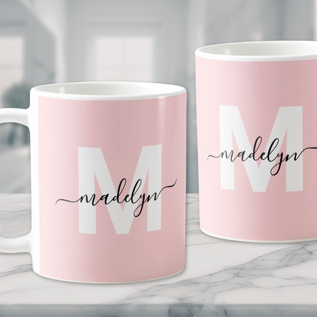 Caneca De Café Monograma Cor-de-Rosa Espelho Moderno Elegante (Modern Elegant Blush Pink Monogram Coffee Mug )