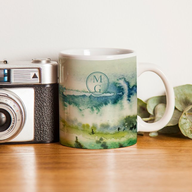 Caneca De Café Monograma - Cor Verde Teal (This design a calming soft watercolor landscape in soothing greens and blues. )