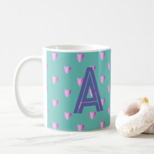 Caneca De Café Monograma Corações Lilac Teal