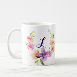Caneca De Café Monograma Cores Aquáticas Coloridas Flores Verdade