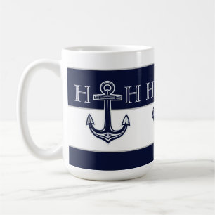 Caneca De Café Monograma Costeiro de Âncora Azul Marinho náutic