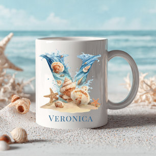 Caneca De Café Monograma Costeiro Personalizado Inicial V Praia