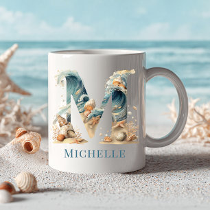 Caneca De Café Monograma Costeiro Personalizado Letra Inicial M P