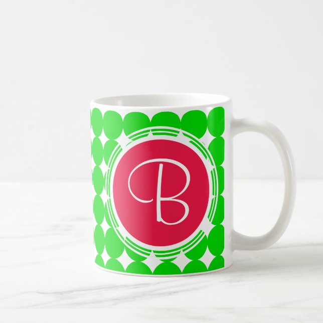 Caneca De Café Monograma da Bolinhas Vermelha e Verde (Direita)