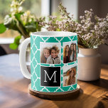Caneca De Café Monograma da Colagem de Fotografias Emerald & Blac<br><div class="desc">Padrão de Quatrefoil Verde e Branco - Use cinco fotos quadradas para criar um presente exclusivo e pessoal. Ou você pode ficar com o filhote hipster e fazer uma moda. Se precisar ajustar as fotos,  clique na ferramenta personalizar para fazer alterações.</div>